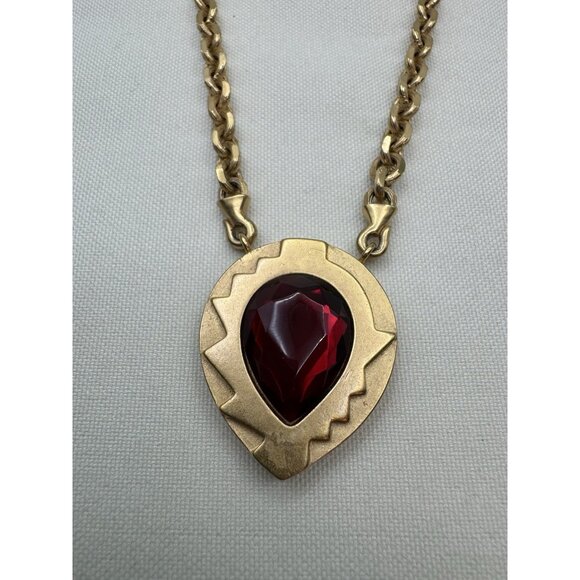 Vintage Monet Art Deco Choker Necklace Gold Red Rhinestone Teadrop 20” Runway - Picture 10 of 10